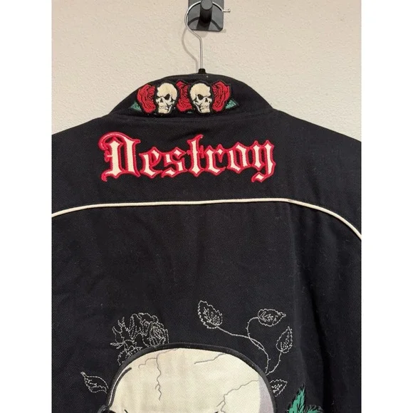 Vintage Y2K Blue Axes Snap Bomber Jacket Skulls Size XL - Picture 10 of 12